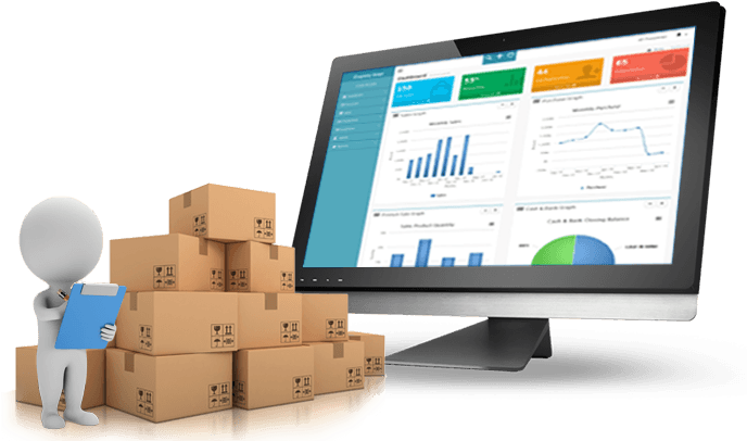 Illustration of a warehouse worker with stacked boxes next to a dashboard screen showing stock charts